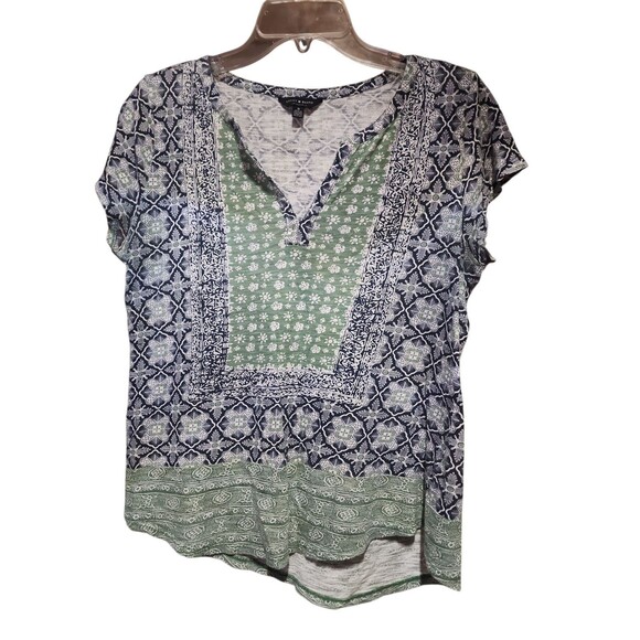 Lucky Brand Women’s V-Neck T-Shirt M Blue Green Floral Geometric Short Sleeve - Picture 1 of 5